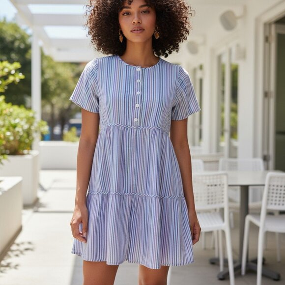 MADEWELL Tiered Mini Dress XS Tunic Top Striped Babydoll Swing Ruffles - Picture 1 of 15
